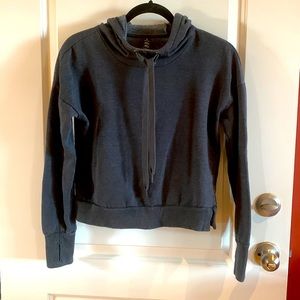 Womens charcoal colored, hooded sweatshirt.